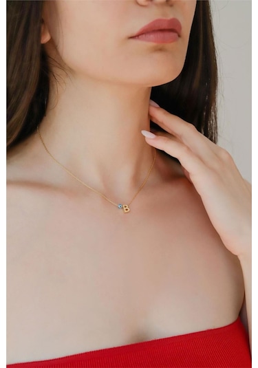 Minamis Silver 925 Ayar Gümüş Gözlü Üç Boyutlu B Harfi Kadın Gümüş Kolye-2267