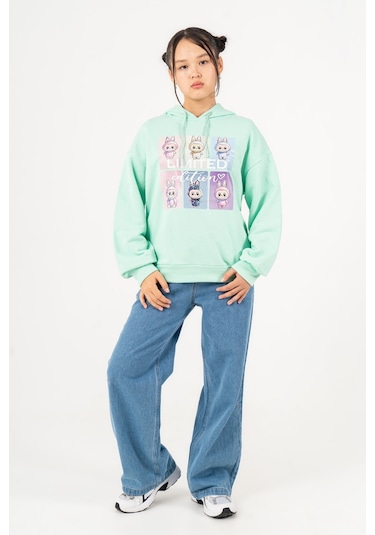 Kız Çocuk Labubu Baskılı 3 İplik Kışlık Şardonsuz Sweatshirt 4540 Mint