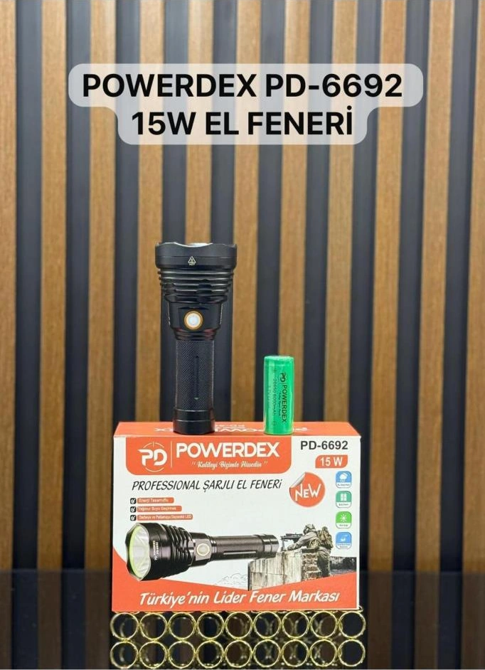 15w Led 'li Yağmur Suyu Geçirmez Şarjlı Ve Pilli El Feneri Pd-6692 Siyah