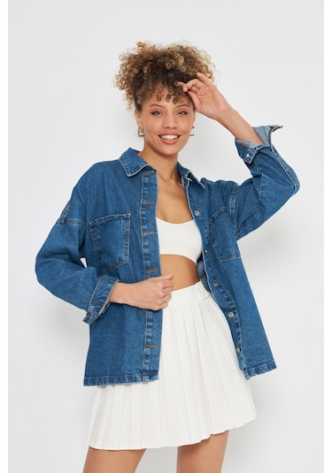 Kutaf Denim Klasık Cift Cepli Kot Gömlek Mavi