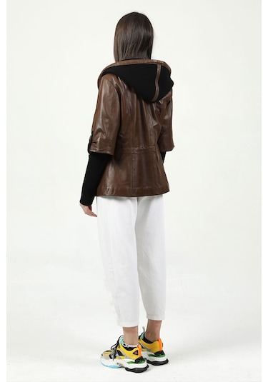 Dericlub Larissa Kadın Kapüşonlu Hakiki Deri Kaban Camel Antik Null Camel