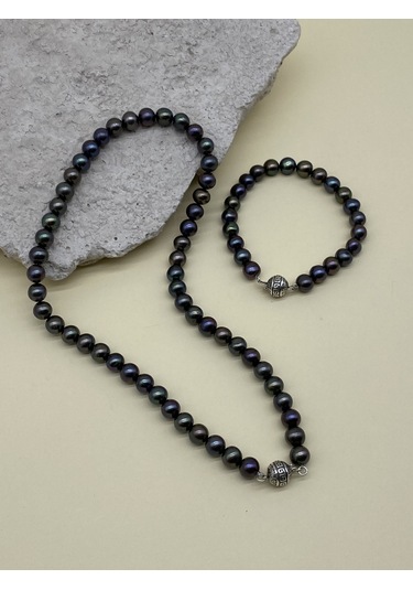 Siyah Doğal İnci Erkek Kolye Bileklik Set Gümüş