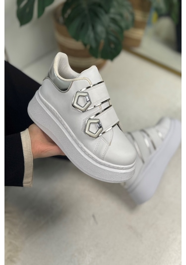 Günlük Kadın Sneaker Cırt Cırtlı Yüksek Topuk Tırtıklı Kaymaz Taban Yürüyüş Spor Ayakkabı 251 Beyaz