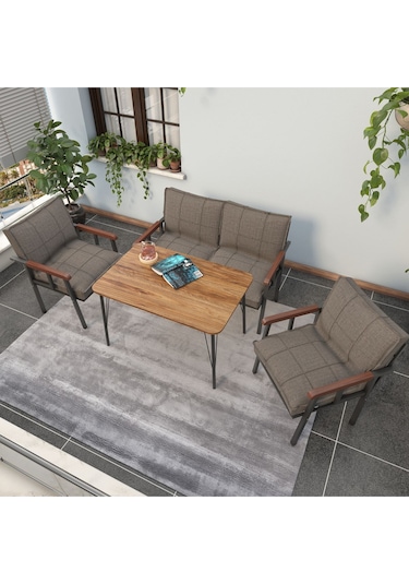 Mygusi Modern Balkon, Bahçe, Cafe - Metal Kanepe Koltuk Takımı - 2+1+1 Masa Kapiçino Cappuccino