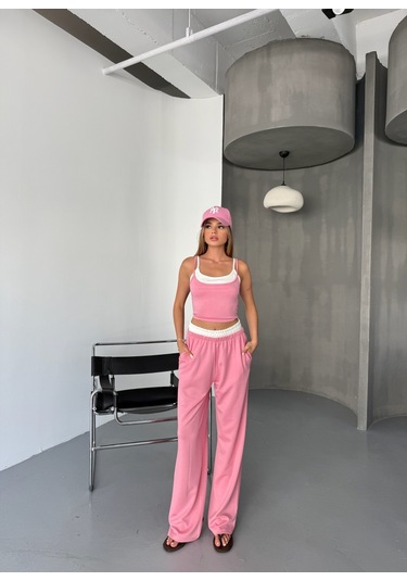 Kadın Çift Kat Detaylı Modal Dokulu Alt Üst Takım Pembe