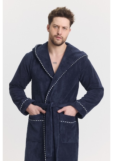 Mulberry Triga Erkek Bornoz %100 Pamuk Kapüşonlu Lacivert