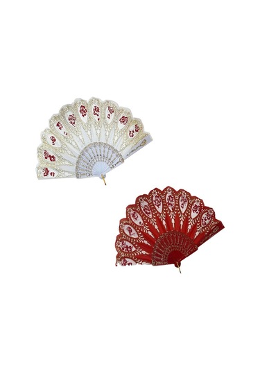 Yelpaze Şık Doğal Serinletici 877-11 Gül Motifli Yelpaze Kırmızı /beyaz