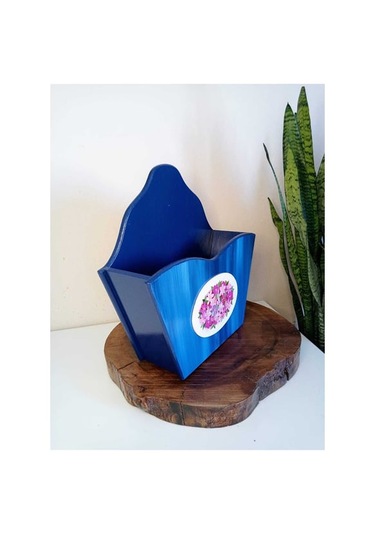 El Boyaması Ahşap Kapı Önü Ekmek Sepeti Mavi