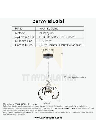 Tt306-25-tpl-kr Tt Ayd. Kavis 25lik Krom Tektoplu 3renk Led Avize Krom