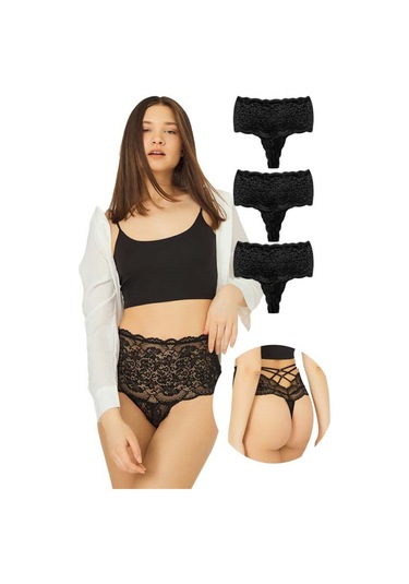 Dantelli Lastik Detaylı Yüksek Bel Kadın Tanga 3'lü Paket Külot - 3 Renkli - 3 Çok Renkli