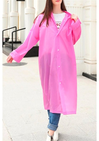 Unisex Kadın Ve Erkek Yağmurluk %100 Eva Çıtçıtlı Kapüşonlu Pembe