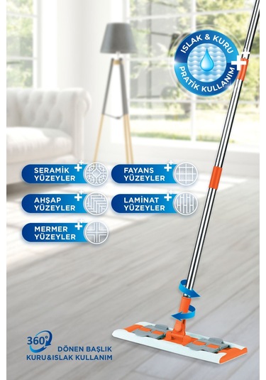 Famous+ Düz Mop Yer Temizlik Sistemi, Islak Ve Kuru Kullanım, 360 Döner Başlıklı Pratik Paspas