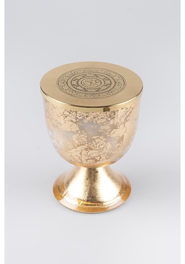 Altın Varak Eskitme Ayaklı Cam Mumluk Kokusuz Mum Logo Kapaklı Orta 12x15 Cm