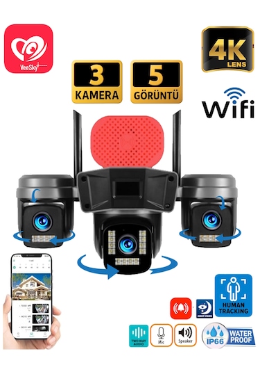 Veesky+ S308 3 Kameralı 6mp 4k Ultrahd Wifi Kamera Siren Gece Görüş