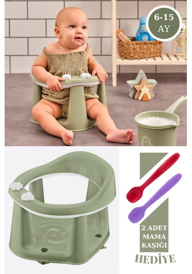 Flosoft Vakumlu Bebek Banyo & Mama Oturağı + Silicolife 2 Adet Silikon Mama Kaşığı Hediye Yeşil