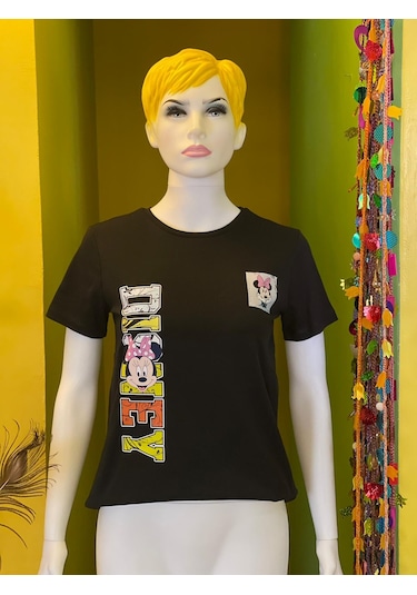 %100 Pamuk Basik Bisiklet Yaka Örme Mickey Mause Minny Mause T-shirt Siyah