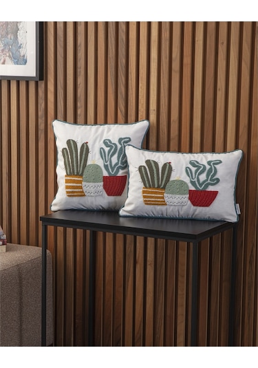 Swita Home Çiftli Kombin Punch İşlemeli Kırlent Kılıfı Panç Beyaz - Yeşil