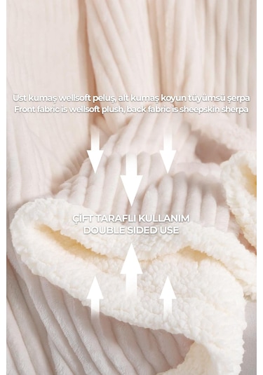 Sherpa Battaniye Çift Kişilik Çizgili Yumuşak Peluş Wellsoft Yatak Örtüsü Krem