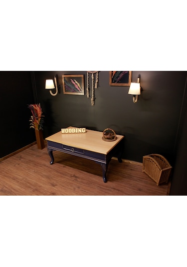 Wooding 120 Cm Masif Naturel Lacivert Oymalı Orta Sehpa