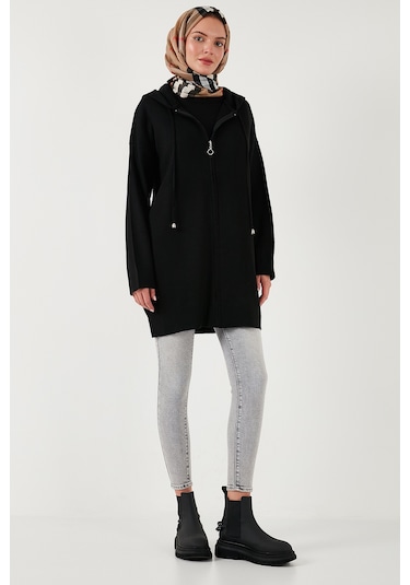 Lela Modest Regular Fit Kapüşonlu Tesettür Triko Bayan Hırka 4616176 Siyah