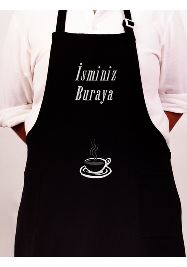 Mutfak Önlüğü Kişiye Ve İsme Özel Nakışlı Mutfak Önlüğü Fincan 02 Farklı Renkler Siyah