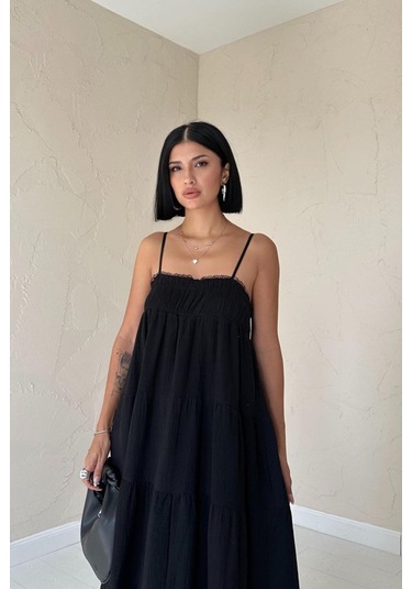 Siyah Askılı Parçalı Müslin Elbise Siyah
