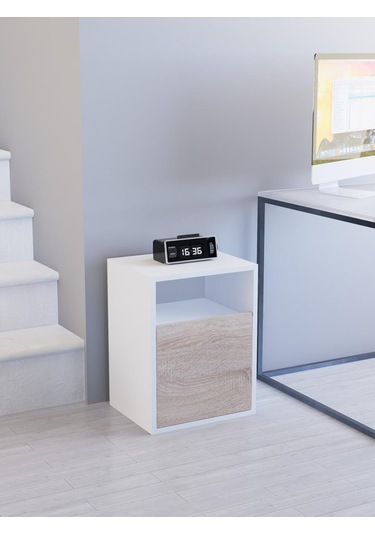 Detamob Kapaklı Raflı Komodin, %100 Mdf Sonoma/beyaz & Karbon Gri/sonoma Beyaz