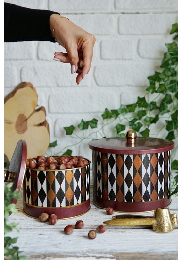 Festival Desenli Metal Saklama Kabı Seti - 2'li Set 1,3 Lt - 2,9 Lt Desenli