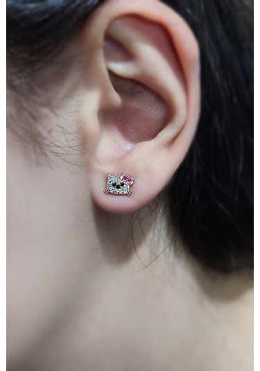 Hello Kitty Kedi Rose Kaplama 925 Ayar Gümüş Çocuk Küpe