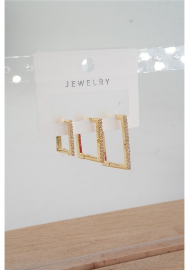 Byzeynaaksesuar Kadın Özel Tasarım Zirkon Taşlı 3'lü Minimal Küpe 0020 Çok Renkli