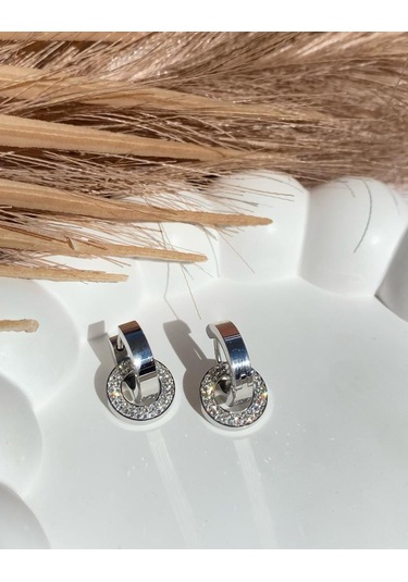 Gümüş / Silver Renk Zirkon Taşlı Diskli 316l Çelik Küpe Gümüş