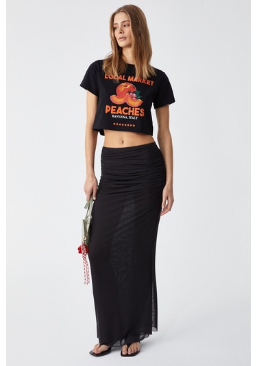 BELVETH Kadın Bisiklet Yaka Oversize Siyah T-Shirt