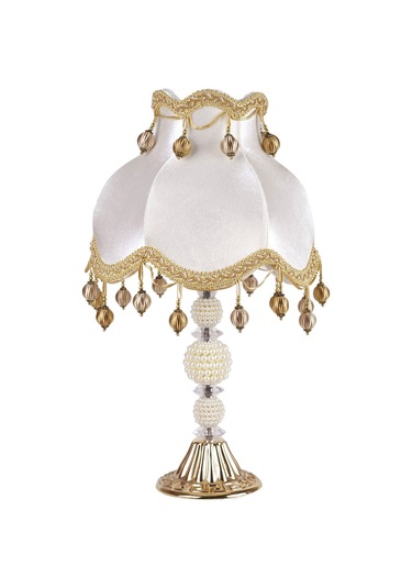 Çiçek Dekorlu Abajur Gold Beyaz Klasik Ponponlu Model Beyaz