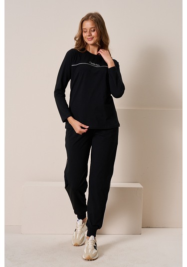 Kadın Penye Uzun Kol Pijama Takımı 3197 Siyah Siyah