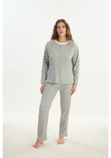Kadın Uzun Kol Gri Mlelanj Acrylic Pijama Takım C9t0n1o61 001