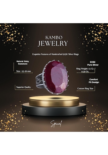 Gerçek Doğal Taş Yüzüğü - 925 Ayar Gümüş Büyük Yüzük - El Yapımı Yüzük Yakut Gümüş