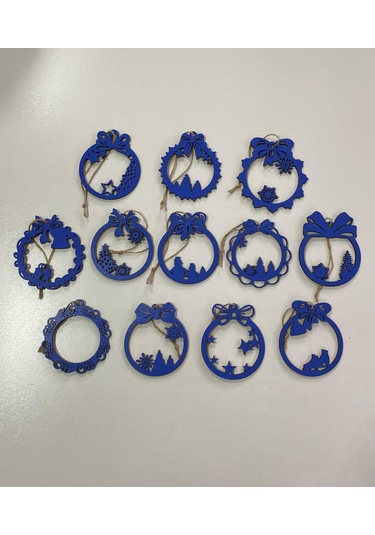 Ahşap 12 Adet Yılbaşı Ağacı Süsü Mavi