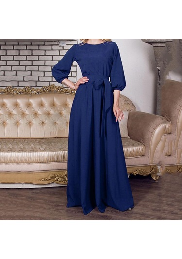 Kadın Yaz Casual Parti Elbise Kol Katı Uzun Elbiseler Kemerli Lacivert