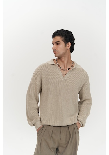 Mai Collection Mai Studios Co. Magnus Polo Yaka Bej Erkek Triko Kazak Bej