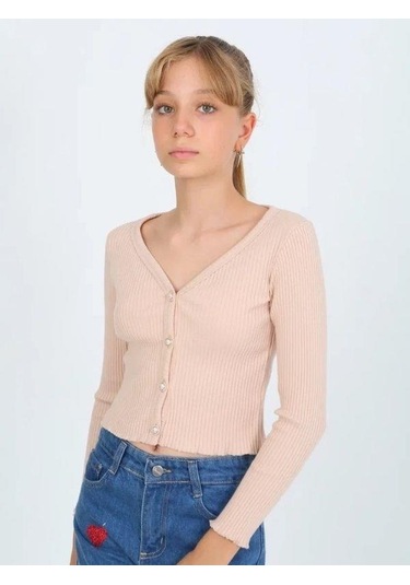 Kız Çocuk Kaşkorse Taşlı Düğmeli Hırka-14807 Bej