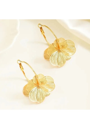 Altın Çift Katmanlı Hollow Çiçek Halka Küpe Kadınlar İçin Altın