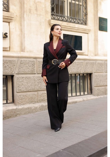 Gold Kemerli Garnili Kruvaze Takım Siyah Siyah