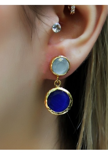 İkili Yuvarlak Modelli Kedigözü Cam Gold Kaplamalı Kadın Küpe Euku25bm Mavi