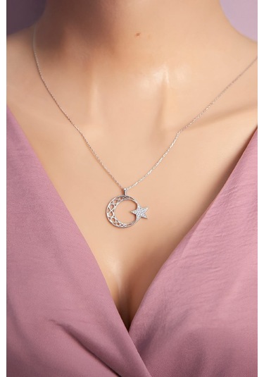 Sonsuzluk Motifli Zirkon Taşlı 925 Ayar Gümüş Ayyıldız Bayan Kolye