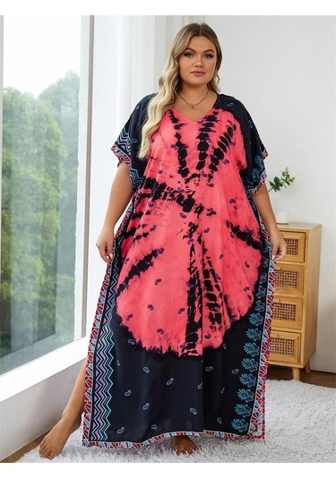 Edolynsa Karpuz Kırmızısı Baskılı Bohem Kaftan Kadın Bornoz Plaj Elbisesi Rahat Çok Yönlü Taze Elbise Mayo Örtüsü Q1464 Çok Renkli