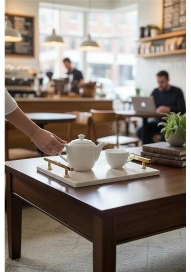 Akayev Traverten Altın Florya 30x20 Cm Tepsi Beyaz