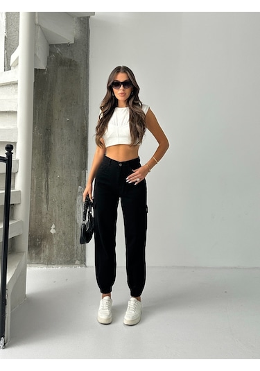 Kadın Paça Lastik Kargo Cep Keten Mom Pantolon Siyah