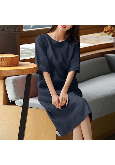 Zanzea Pamuk Keten Elbise Kadın Yaz Rahat O-boyun Yarım Kollu Elbise Haki