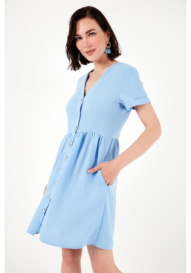 Lela Cepli Önü Düğmeli Kısa Kollu V Yaka Regular Fit Bayan Elbise 611El222 Bebe Mavi