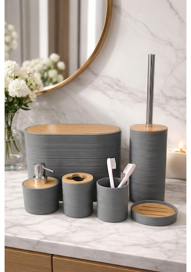 Makri Home 6 Parça Gri Banyo Seti, Bambu Detaylı, 8l Çöp Kovası 24x26x16 Cm